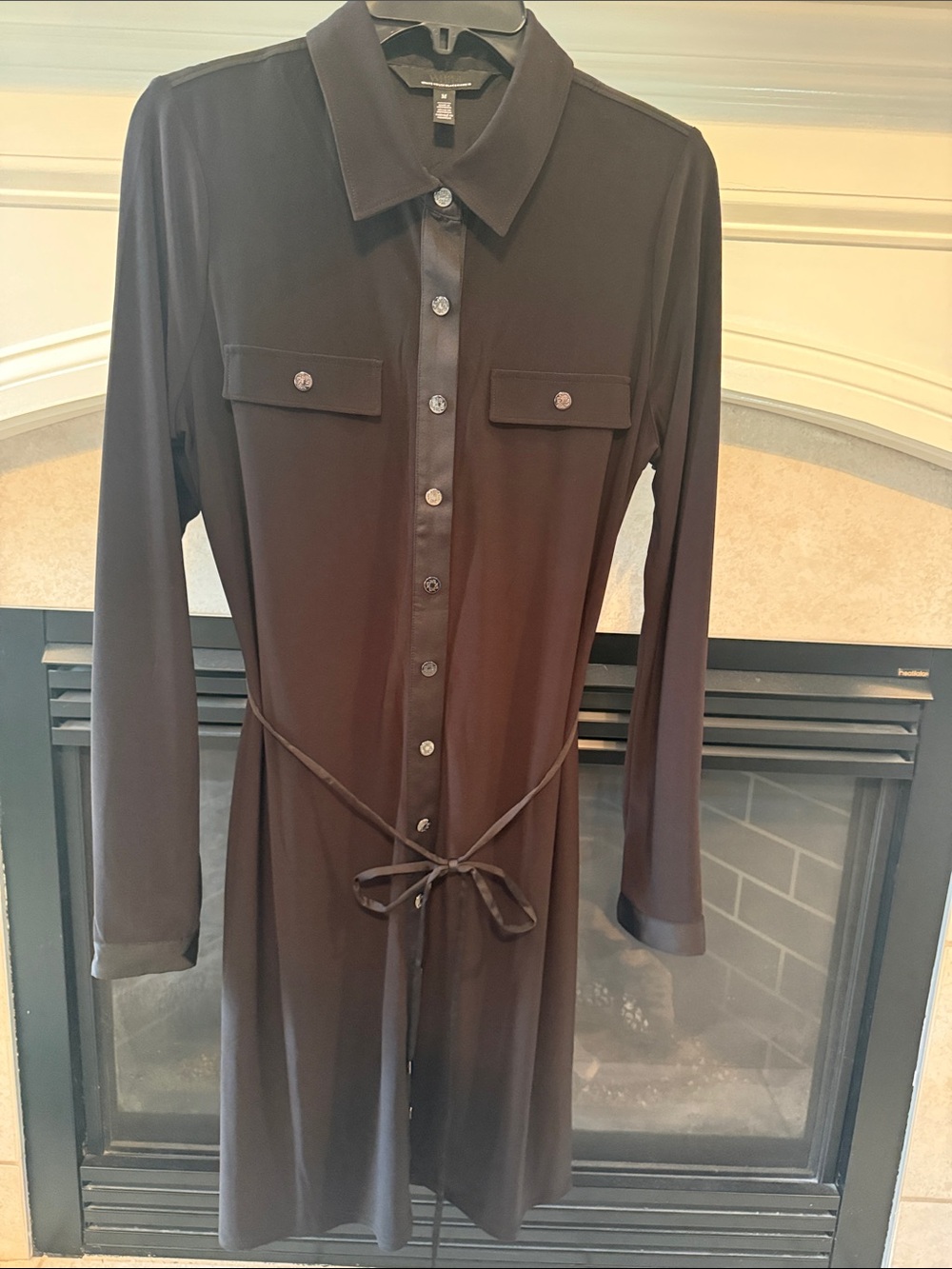 White House Black Market Black Long-Sleeve Shirt Dress with Waist Tie
